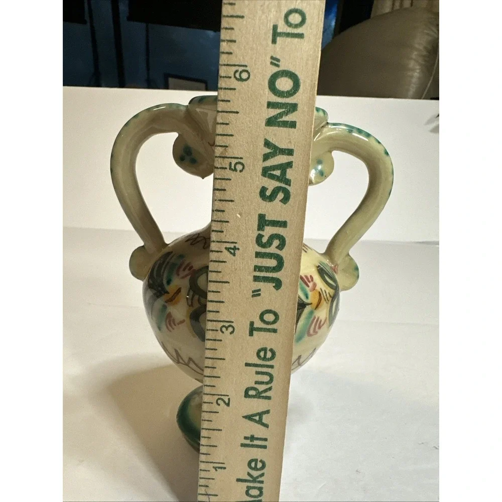 VINTAGE DRIP GLAZED VASE COLLECTIBLE POTTERY 6 INCHES DOUBLE HANDLE M. PUENTE